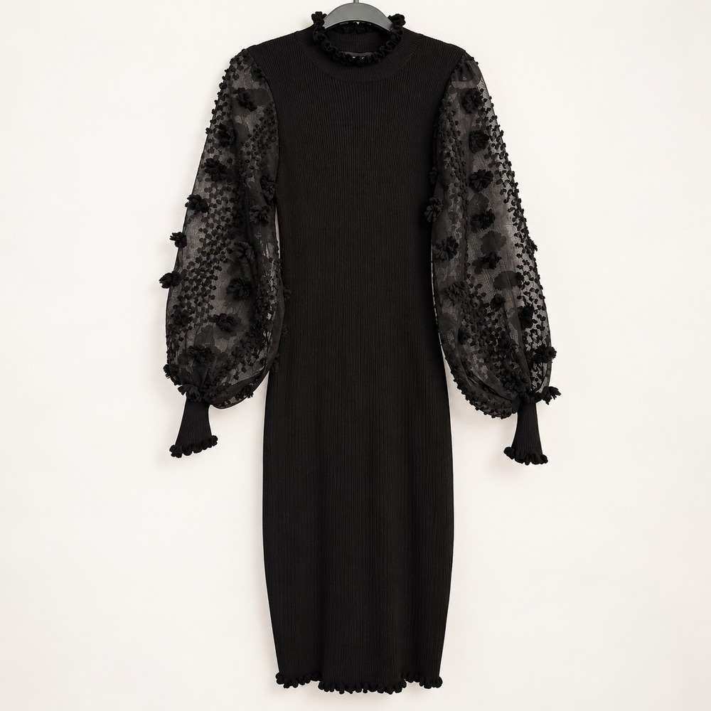 Whimsigoth Midi Dress 2X Gothic Victorian Sheer Floral Balloon Sleeve Ruffle